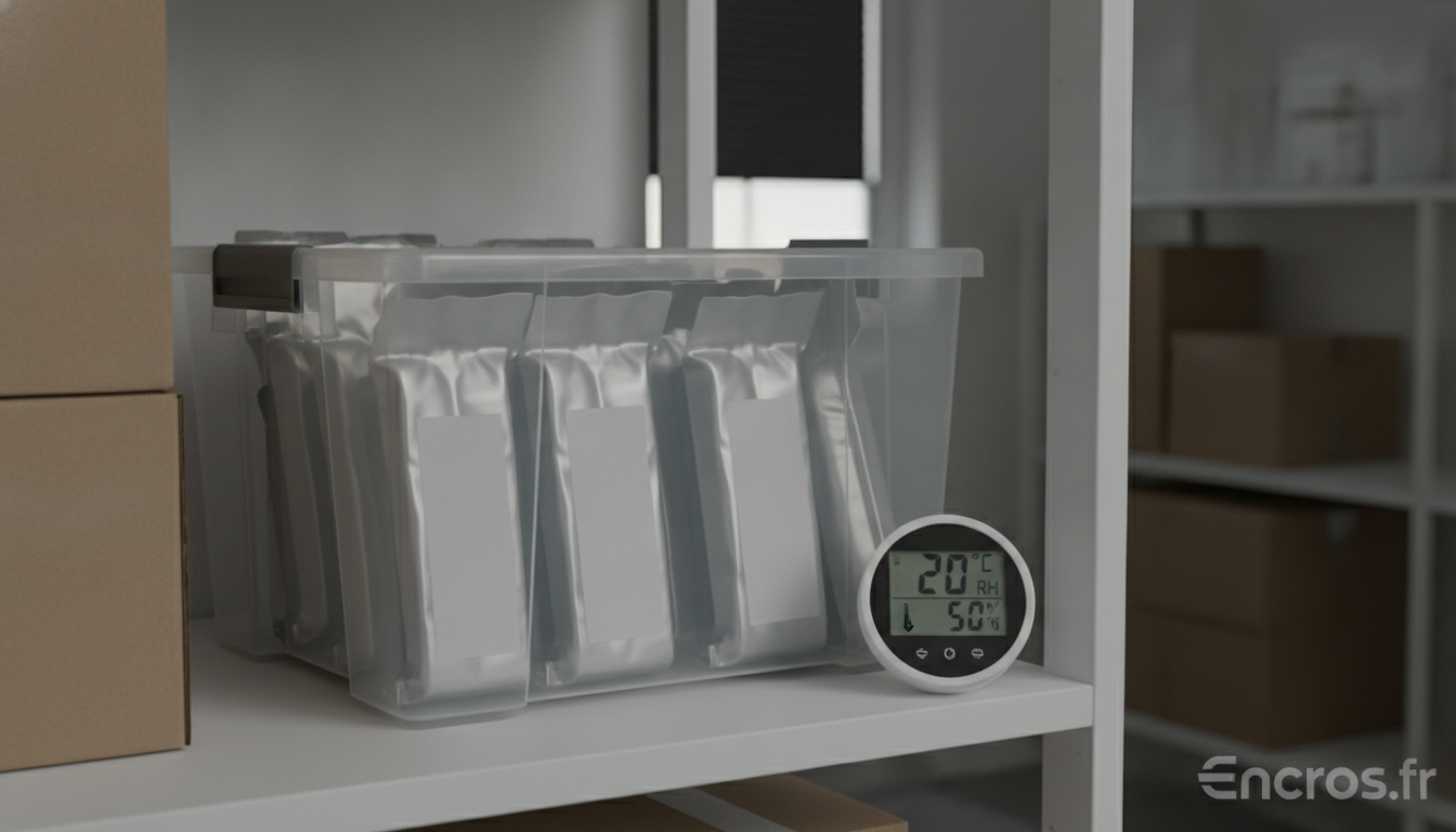 Boîte avec indications de température et environnement pour le stockage