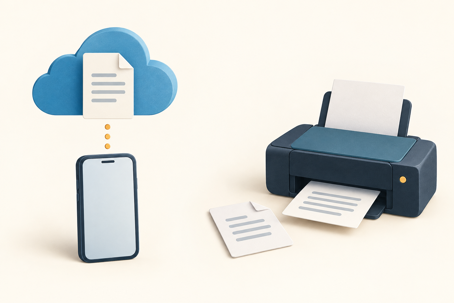 Illustration conceptuelle distinguant le document à récupérer en ligne et le fichier déjà disponible pour l’impression