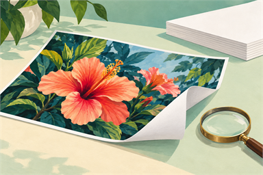 Une feuille photo illustrée montre une face colorée et un dos clair sur un bureau, sans imprimante ni marque
