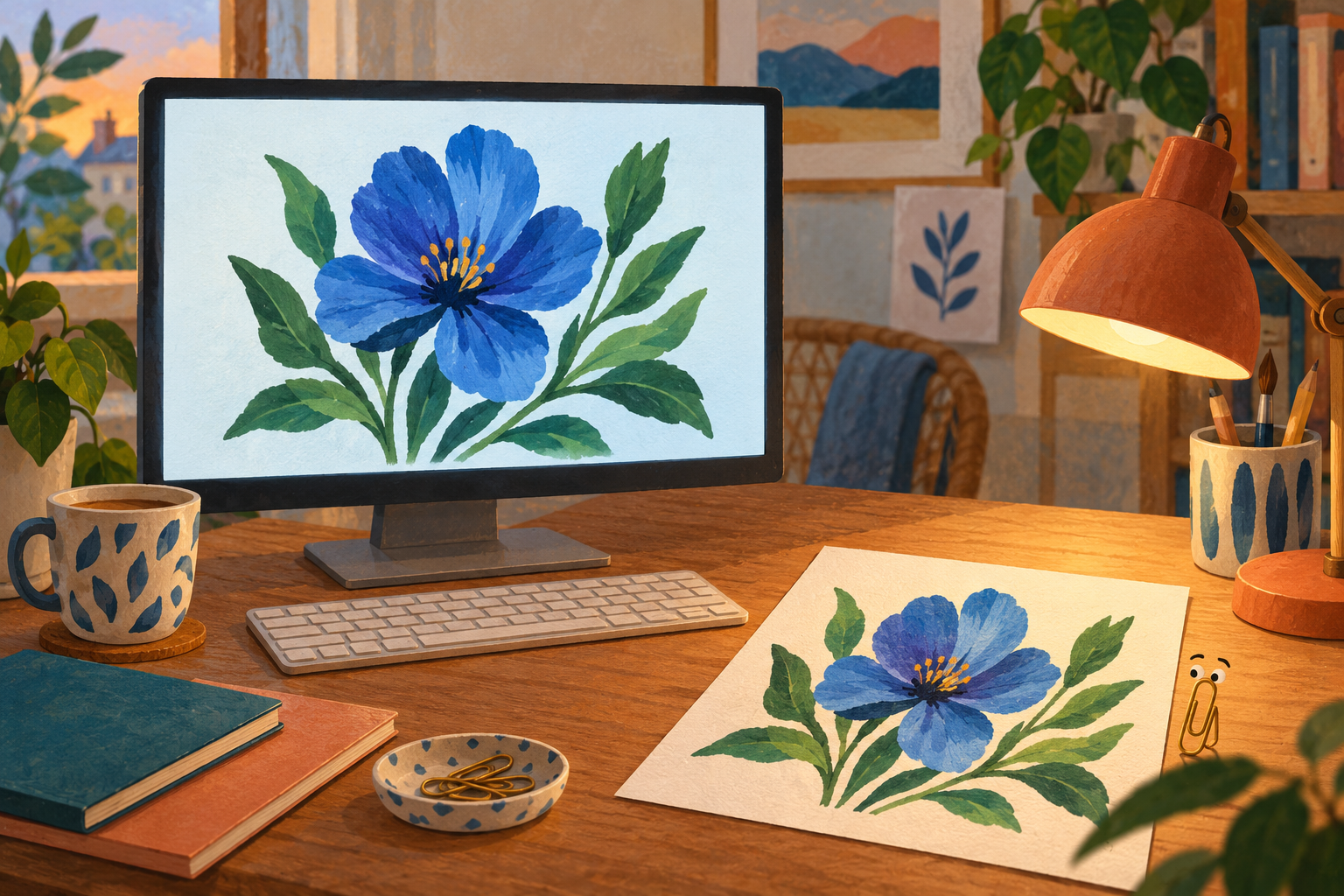 Illustration d’une fleur sur un écran lumineux et sur une feuille éclairée par une lampe
