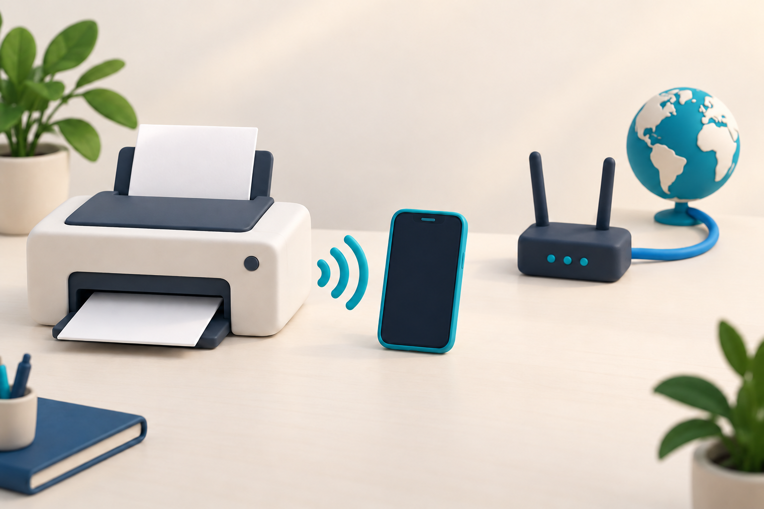Schéma conceptuel montrant une liaison locale téléphone-imprimante distincte de la liaison avec une box Internet