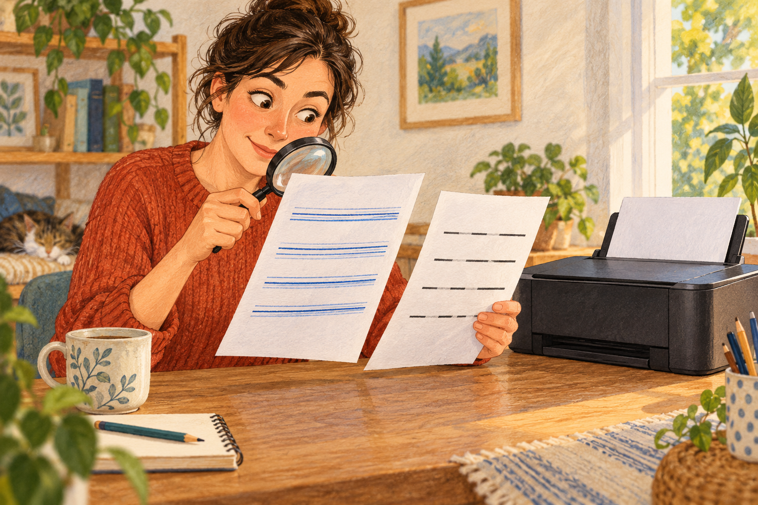 Illustration d’une lectrice comparant des traits décalés et des segments manquants sur deux feuilles dessinées