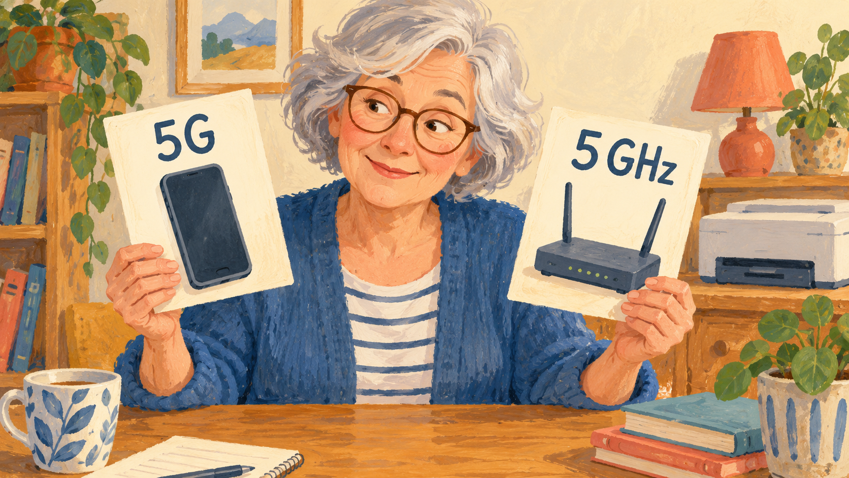 Illustration conceptuelle d’une lectrice séparant une carte 5G près d’un téléphone et une carte 5 GHz près d’une box imaginaire