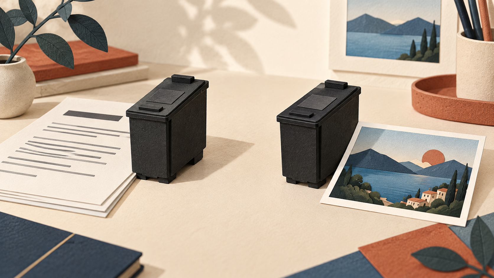 Illustration conceptuelle de deux cartouches noires génériques, l’une près d’un document et l’autre près d’une image