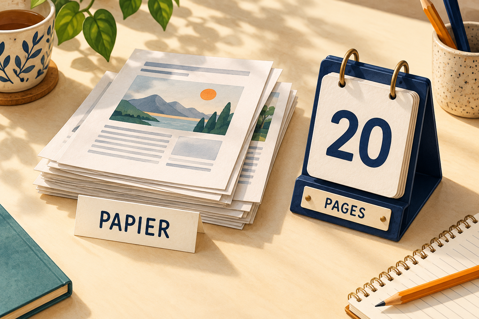 Illustration conceptuelle distinguant une pile de papier et un compteur de pages abstrait