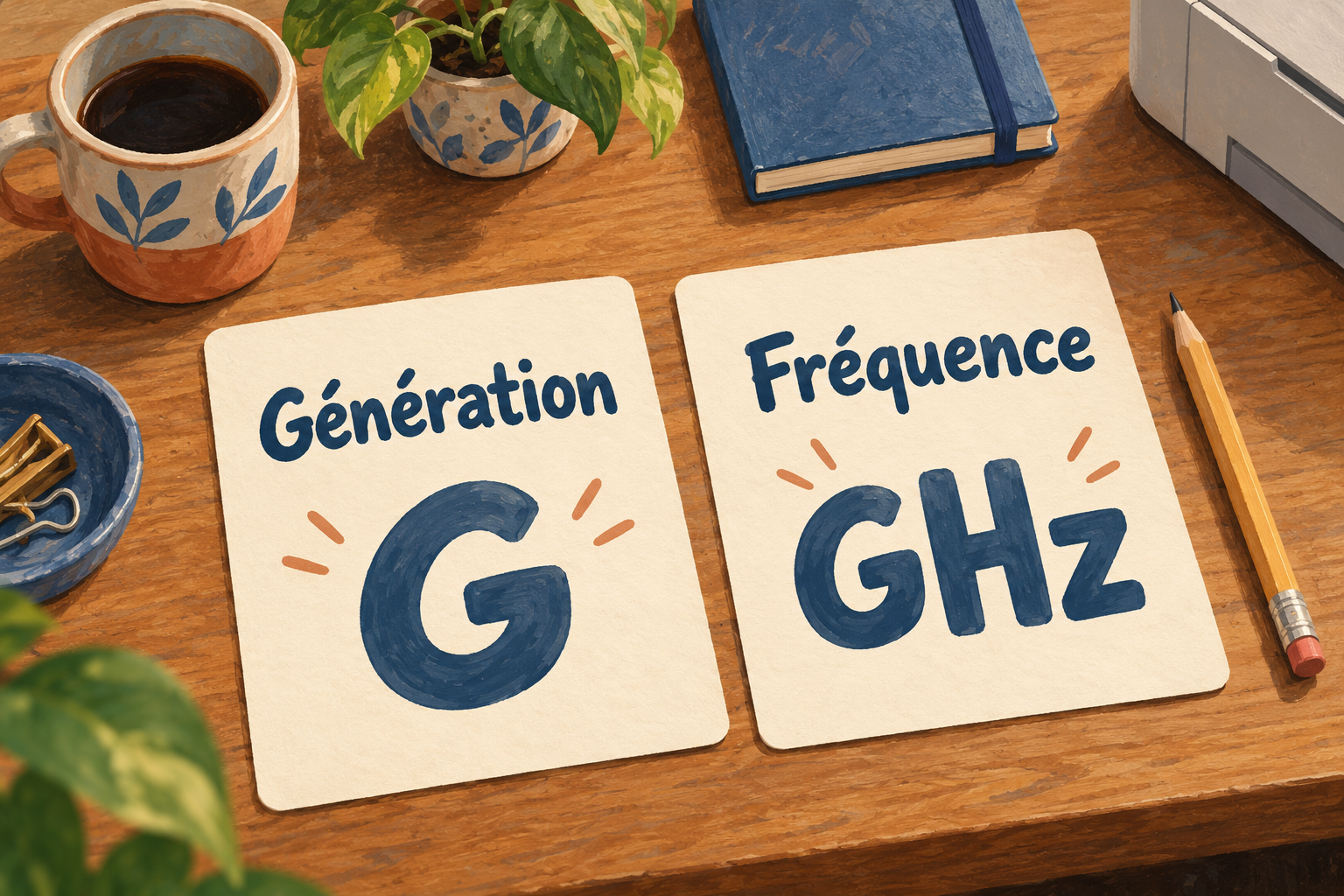 Illustration de deux grandes cartes Génération et Fréquence posées sur un bureau avec les mentions G et GHz
