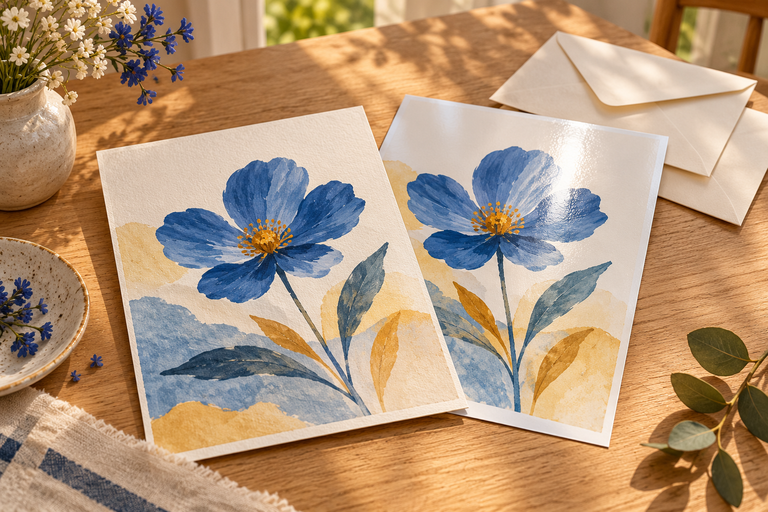 Illustration de deux tirages au toucher mat et à la surface brillante, avec un même motif de fleur